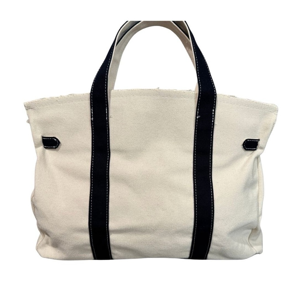 Neutral Canvas Tote with Navy Trim and Gold Hardware - Picture 5 of 6